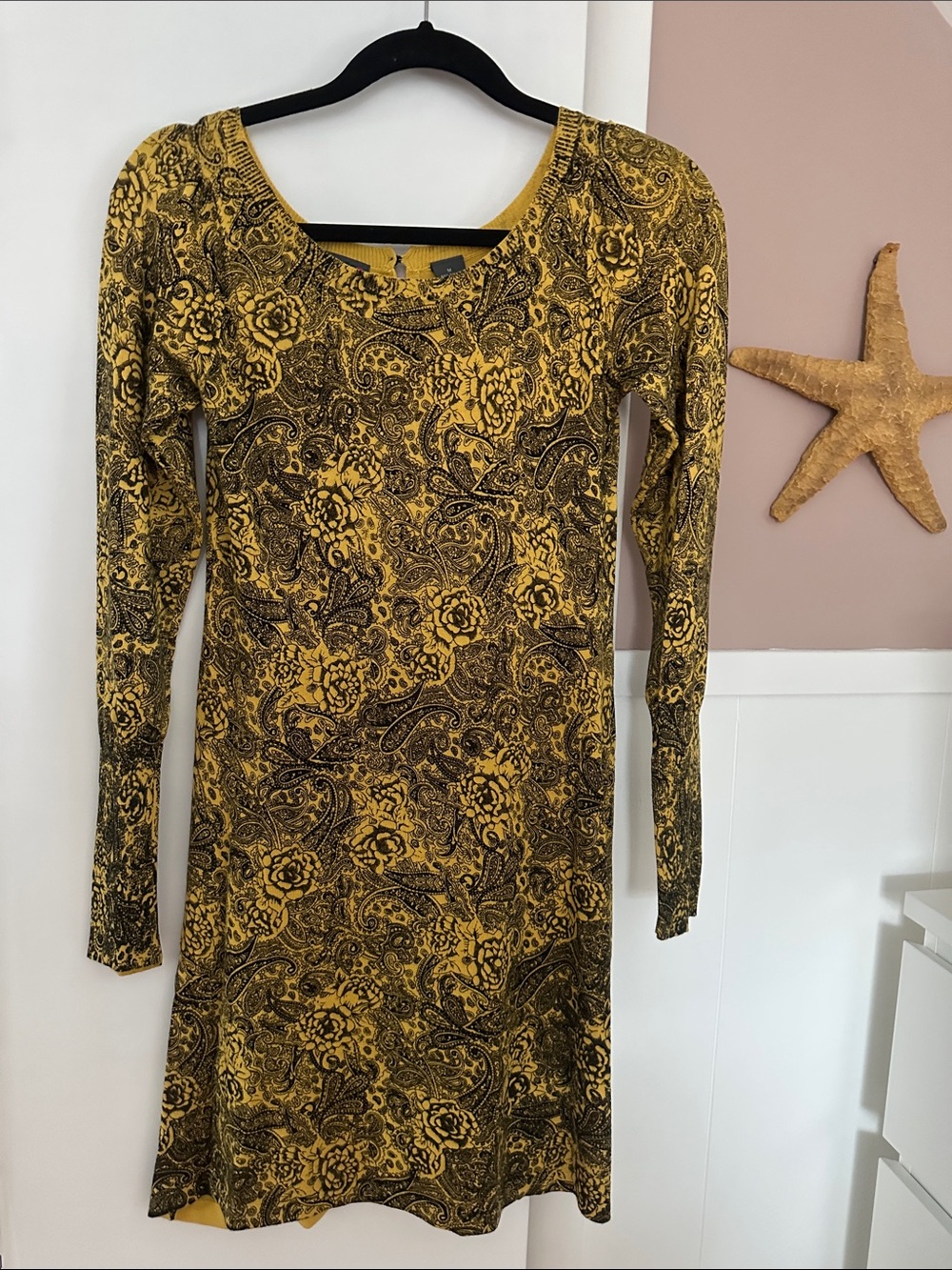 Vintage paisley sweater dress, black/gold mini dress, long sleeve sweater tunic